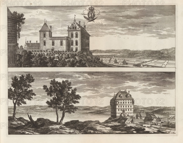Wenngarn, Wÿk, View of Venngarn and Wÿk castle, Suecia Antiqua et Hodierna, print, album page, printmaker: Nicolas Perelle, supervision: Erik Jönssen Dahlberg, 1670 - 1674, paper, etching, height 264 mm x width 342 mm, housing, Sigtuna, Slot Venngarn, The image shows two engraved landscape scenes stacked vertically separated by a horizontal border; the upper scene depicts a large stone building with ornate gables and towers set on a rocky rise with rows of small rounded bushes in front and a cluster of smaller buildings and cultivated rectangular plots stretching into the distance under a sky filled with fine horizontal cloud lines and scattered small birds, while the lower scene shows a waterfront view with a tall multi-story house on a rocky promontory surrounded by smaller houses, a body of water behind it, distant rolling hills, and two large trees in the foreground with textured trunks and foliage, all rendered in fine line engraving.