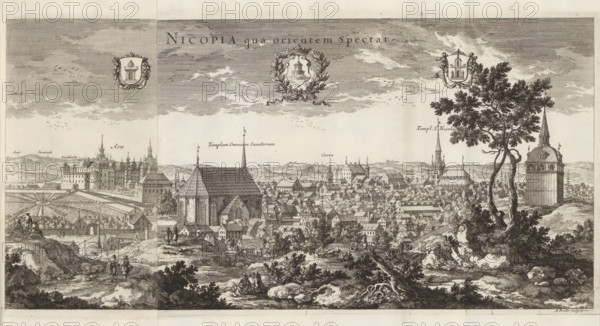 Nicopia qua orientem spectat, View of Nyköping, from the east, Suecia Antiqua et Hodierna, print, album page, printmaker: Adam Perelle, supervision: Erik Jönssen Dahlberg, 1669, paper, etching, etching in two parts, folded, height 213 mm x width 424 mm, city-view in general, 'veduta', Nyköping, A wide engraved landscape view shows a historic town with densely packed buildings, steeples, and towers rising from a clustered arrangement of rooftops, framed by rolling hills and cultivated gardens. In the foreground a rocky, uneven path winds past scattered trees and shrubs, with small groups of people walking and sitting among the rocks and vegetation. Near the center a large stone church with a steep roof dominates the scene, surrounded by numerous houses and smaller structures. To the left a formal garden with radiating paths and geometric beds lies beside a fortified complex with tall, ornate towers. To the right a tall cylindrical tower with a conical roof stands near a large leafy tree...