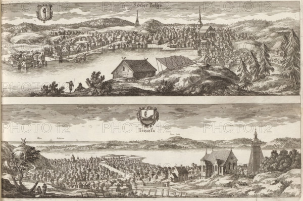 View of Södertälje and Trosa, Söder Telge, Troosa, Suecia Antiqua et Hodierna, print, album page, printmaker: Jean Lepautre, supervision: Erik Jönssen Dahlberg, 1669, paper, etching, height 255 mm x width 382 mm, city-view in general, 'veduta', Södertälje, Trosa, A wide engraved panorama shows a coastal town viewed from elevated ground, with rows of closely spaced buildings clustered along a shoreline and extending inland across rolling hills; a body of water lies between the foreground hill and the town, with a simple wooden boathouse and an angled drying rack on the hilltop, and two small human figures standing near some low bushes at the water's edge; the town features many small pitched-roof houses, a few larger churches with tall steeples, docks and piers projecting into the water, and several ships moored near the shore; the landscape beyond the town includes undulating wooded hills and scattered trees, with tall coniferous trees visible on a hillside to the right; decorative car...