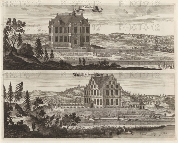 Ååhrsta, Häringe, View of the Årsta mansion and Häringe castle, Suecia Antiqua et Hodierna, print, album page, printmaker: Jean Lepautre, supervision: Erik Jönssen Dahlberg, 1670, paper, etching, height 272 mm x width 349 mm, housing, Stockholm, Herenhuis Årsta, Enskede-Årsta-Vantör, Slot Heringe, A vertical engraving showing two stacked views of large rectangular stone mansions set in landscaped grounds with patterned parterres and surrounding walls, each mansion depicted with multiple windows, steep hipped roofs, and central entrances approached by steps; the top view features tall slender trees and rolling hills in the background with a few small figures walking near the garden and a group on horseback at the right edge, while the lower view shows wooded slopes and pastures with grazing animals and a small boat with two figures on a body of water in the foreground, plus terraces, orchards, and people scattered across paths and garden walks.