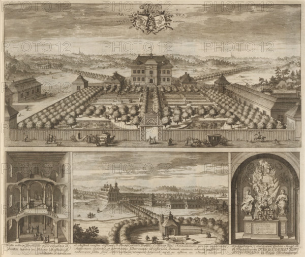View of Årsta mansion, Åhrsta versus Orientem, Suecia Antiqua et Hodierna, print, album page, printmaker: Johannes Jacobsz van den Aveele, Stockholm, supervision: Erik Jönssen Dahlberg, 1710, paper, etching, height 282 mm x width 338 mm, housing, Herenhuis Årsta, Enskede-Årsta-Vantör, A detailed engraving shows a symmetrical garden and estate viewed from above, with a central multi-story house topped by a flag and a domed roof, flanked by smaller pavilions and long buildings. Formal garden beds and rows of trees radiate from the house toward a gated entrance in the foreground, with an ornate gateway breaking a wooden fence. Along the fence, carriages, horses, and small groups of people are depicted on a road. Beyond the estate, rolling countryside with scattered trees, fields, and distant buildings stretches to a textured sky. The lower portion of the sheet contains additional engravings, including an interior architectural view with columns and a multi-level hall, a landscape with a r...