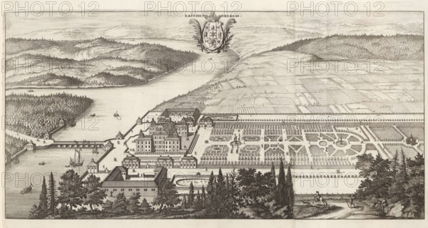 Erichsbergh, Ericsberg Castle in a bird's-eye view, Suecia Antiqua et Hodierna, print, album page, printmaker: Willem Swidde, supervision: Erik Jönssen Dahlberg, 1694, Willem Swidde, Erik Jönssen Dahlberg, printmaker, supervision, paper, etching, etching in two parts, folded, height 213 mm x width 414 mm, housing, Slot Ericsberg, A wide engraved view showing a riverside estate with formal gardens and surrounding countryside, featuring a central complex of multi-story buildings with pitched roofs and smaller pavilion-like structures connected by walkways and walls, terraces stepping down toward the water, geometric garden beds with pathways and sculptural fountains, rows of evenly spaced trees and hedges forming parterres, a long balustrade or terrace running along the river edge, boats and small vessels on the river, a bridge or causeway with gatehouses crossing the water, wooded islands and forested banks opposite the estate, rolling hills and cultivated fields beyond, an ornamental o...