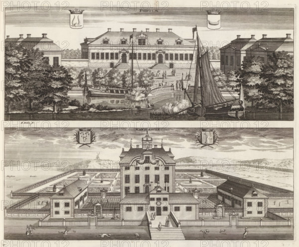 View of Fiholm Castle and Hanstavik estate, Fiiholm, Hanstawiik, Suecia Antiqua et Hodierna, print, album page, printmaker: Erik Reitz, Stockholm, supervision: Erik Jönssen Dahlberg, 1695, paper, etching, height 269 mm x width 336 mm, housing, Eskilstuna, Slot Fiholm, Hanstavik Estate, A detailed engraved scene shows a large formal building with a symmetrical facade, stepped entrances, and multiple windows, flanked by similar structures and rows of trees; a body of water with sailing vessels and smaller boats sits in front, with masts, sails, rigging, and reflected hulls, and a curved bridge connects the water to the terrace where small groups of people stand or walk on the steps and pathways; the lower portion presents a walled estate with a central multi-story house opening onto a landscaped geometric garden with parterres, pathways, and fountains, surrounded by outbuildings and enclosing walls, and various tiny figures in period clothing move about the grounds and walkways, while de...