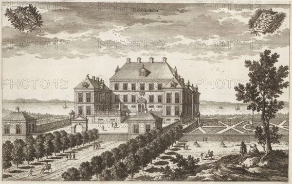 Heslebyholm, View of Hässelbyholm Castle, Suecia Antiqua et Hodierna, print, album page, printmaker: Adam Perelle, supervision: Erik Jönssen Dahlberg, 1670 - 1674, paper, etching, height 211 mm x width 339 mm, housing, Strängnäs, Slot Hässelbyholm, A detailed engraved view of a large formal stone building with a central block flanked by symmetrical wings, multiple chimneys on the roof, dormer windows, and decorative architectural details; a gated entrance with an arch leads into a courtyard in front of the building where a few small human figures are walking; a tree-lined avenue runs from the foreground toward the building with riders and pedestrians on the path; to the right a patterned parterre garden with geometric beds and a low wall sits beside a tall leafy tree with figures near its base; beyond the estate a body of water stretches to a distant shoreline with small sailing boats on the water; the sky is filled with textured clouds and scattered birds, and ornamental crests appear...