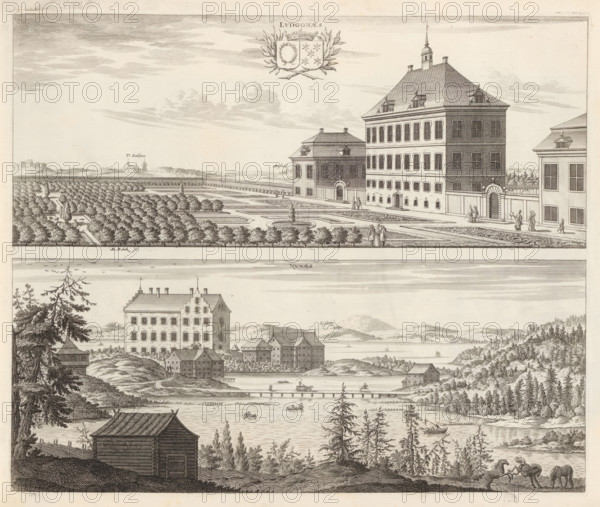 View of Ludgonäs mansion (now Trollesund) and Nynäs castle, Ludgonaes, Nynaes, Suecia Antiqua et Hodierna, print, album page, printmaker: Erik Reitz, supervision: Erik Jönssen Dahlberg, 1696, paper, etching, height 276 mm x width 332 mm, housing, Nyköping, Slot Nynäs, Herenhuis Trollesund, A wide engraved scene showing a large formal building with a steep roof and many windows beside a manicured garden with geometric paths, hedges, and trimmed trees, several small groups of people walking near the building and along the garden edges, a lower section depicting a shoreline with clustered buildings and boathouses on rocky ground, a calm body of water with small rowboats and a long wooden pier where people and a horse-drawn cart appear, wooded hills and scattered trees in the background, and in the foreground a fenced area with a small wooden structure and two horses with a person near them.