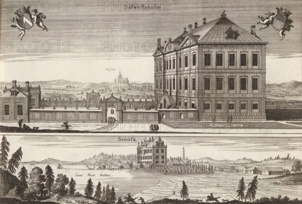 View of Sävstaholm castle and house Sjösa, Säfwestaholm, Siöösa, Suecia Antiqua et Hodierna, print, album page, printmaker: Jean Lepautre, supervision: Erik Jönssen Dahlberg, 1670, paper, etching, height 260 mm x width 388 mm, housing, Nyköping, Huis Sjösa, Slot Sävstaholm, An engraving showing an elevated view of a large multi-story stone building with many tall windows and a hipped roof, connected to lower wings and a walled courtyard and gate; small groups of people are depicted walking near the entrance and along the façade, and a few figures and animals are shown in the foreground lawn and pathways; a distant landscape of rolling hills and a church sits beyond the walls; in the margins above the building two cherubic figures hold ornamental shields, and below the scene another engraved landscape with trees, a shoreline, and a multi-story house is partially visible.