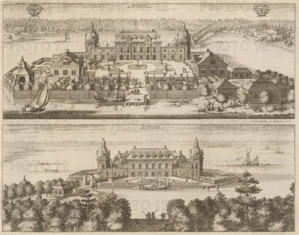 View of the Sjöholm country house, from the north and the south, Siöholm versus Septentrionem, Siöholm versus Meridiem, Suecia Antiqua et Hodierna, print, album page, printmaker: Johannes Jacobsz van den Aveele, Stockholm, supervision: Erik Jönssen Dahlberg, 1706, paper, etching, height 270 mm x width 345 mm, housing, Landhuis Sjöholm, A detailed engraved view shows a grand baroque palace with two tall corner towers and a central mansard roof, flanked by symmetrical outbuildings and formal gardens enclosed by a fence; a waterfront with small sailing boats and a dock sits in front of the estate, where figures walk along paths, stand by the water, and attend to boats; the gardens display gravel paths, hedges, statues, and fountains, and smaller pavilions and trees surround the main complex; the background features a wooded shoreline with scattered buildings and distant boats on calm water, and the composition is rendered in fine line work with shading to indicate architectural details, f...