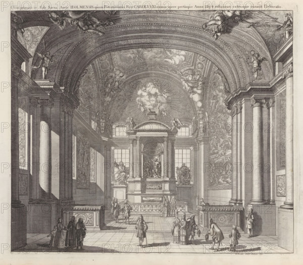 Chori primarii in Aede Sacra Arcis Holmensis, Choir of the old chapel in the Tre Kronor castle, Suecia Antiqua et Hodierna, print, album page, printmaker: Willem Swidde, supervision: Erik Jönssen Dahlberg, 1695, paper, etching, height 285 mm x width 328 mm, parts of church interior: chapel, parts of church interior: choir, Sweden, Stockholm, Södermalm, Gamla stan, Tre Kronor Castle, An interior view of a large ornate hall with a high vaulted ceiling decorated with elaborate frescoes and sculpted angels, fluted columns with ornate capitals lining both sides, arched windows and architectural pediments above an altar-like structure, groups of people in period clothing standing and walking on a tiled floor, detailed wall panels and reliefs, balustrades and steps leading toward the central raised area, and sculptural figures positioned on ledges and within the ceiling decoration.