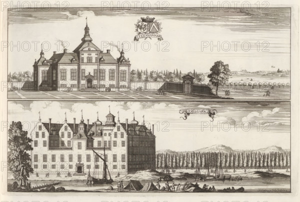 View of Stenhammar Castle and Tullgarn Castle, Steenhammar, Tullgarn, Suecia Antiqua et Hodierna, print, album page, printmaker: Herman Padtbrugge, Stockholm, supervision: Erik Jönssen Dahlberg, 1686, paper, etching, height 225 mm x width 352 mm, housing, Slot Stenhammar, Slot Tullgarn, A detailed engraving shows two large multi-story buildings stacked vertically, each with ornate roofs, chimneys, dormer windows, and decorative gables; the upper building sits behind a formal terrace with geometric paving, a low wall, a gate with trellis work, and a tree beside a path, while small groups of people are scattered on the terrace and near the gate; the lower building faces a waterfront where several sailing vessels are moored, tents and figures line the shore, and a dense row of tall trees and distant hills form the background, with clouds and horizontal line shading filling the sky areas.