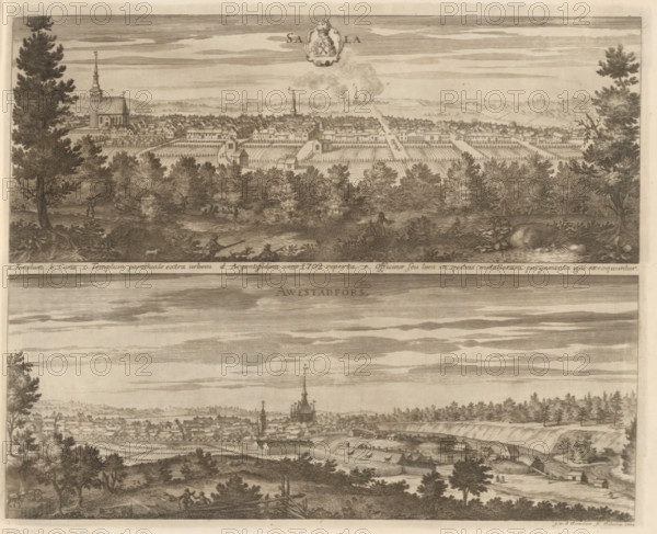 Sala, Awestadfors, View of Sala and Avesta, Suecia Antiqua et Hodierna, print, album page, printmaker: Johannes Jacobsz van den Aveele, Stockholm, supervision: Erik Jönssen Dahlberg, 1704, paper, etching, height 271 mm x width 338 mm, city-view in general, 'veduta', Avesta, A landscape etching showing two panoramic town views stacked vertically, each with rows of closely packed houses and prominent church towers rising above the roofs, framed by trees and wooded foregrounds; the upper view presents cultivated fields and garden plots in front of the town, with scattered small buildings and pathways, and distant smoke or clouds near the horizon, while the lower view shows a fortified or fenced settlement with a larger church spire, surrounding trees, gently rolling terrain, and small figures and carts in the foreground.