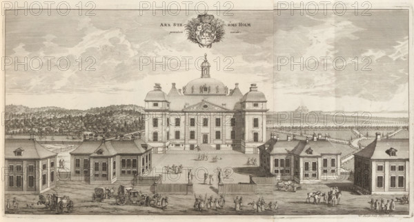Arx Strömsholm ponentem versus, View of Strömsholm Castle, Suecia Antiqua et Hodierna, print, album page, printmaker: Willem Swidde, Stockholm, supervision: Erik Jönssen Dahlberg, 1695, paper, etching, etching in two parts, folded, height 208 mm x width 405 mm, war and peace, Strömsholm, A wide engraving shows a grand central building with a large dome and symmetrical wings, flanked by smaller rectangular pavilions with pitched roofs and chimneys. A paved courtyard in front of the central building contains groups of people in period dress walking, standing, and conversing, with a few figures appearing to gesture or point. Several carriages and horses are situated near the foreground, some with drivers and passengers, and a few people stand beside the vehicles. Low fences and statues mark the approach to the main steps of the central building. The background features a tree-covered landscape stretching to the horizon, a distant body of water with small sailing vessels, and a sky filled ...
