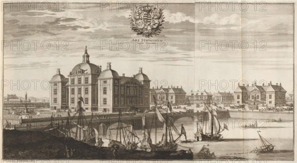 Arx Strömsholm versus Orientem, View of Strömsholm Castle, from the East, Suecia Antiqua et Hodierna, print, album page, printmaker: Johannes Jacobsz van den Aveele, Stockholm, supervision: Erik Jönssen Dahlberg, 1699, paper, etching, etching in two parts, folded, height 226 mm x width 409 mm, housing, Strömsholm, A detailed engraving shows a waterfront scene with a large, ornate stone building featuring domed roofs, chimneys, multiple windows, and decorative architectural elements, situated behind a balustraded terrace and formal garden with a central fountain. Several smaller classical buildings and pavilions line the background along a paved promenade where numerous small human figures move about. In the foreground a stone bridge with arches spans the water, and a cluster of sailing vessels with tall masts, rigging, and furled sails are moored or underway beneath and beside the bridge. The water contains small rowboats with seated figures and reflections, and the sky above is filled...