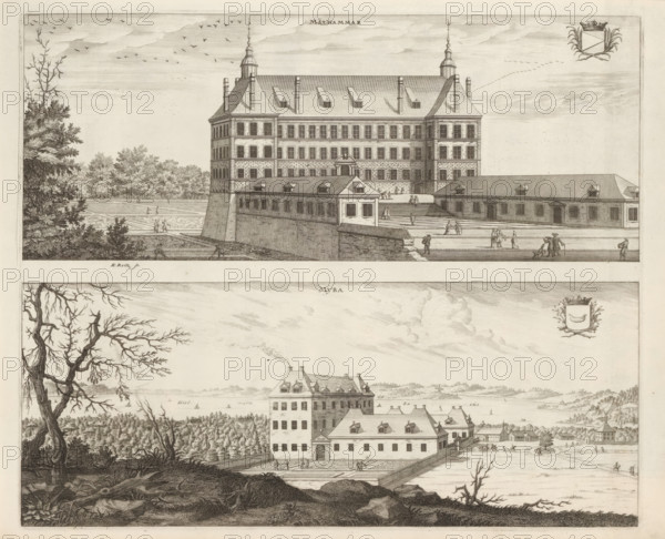 View of Målhammar Manor and Myrö House, Målhammar, Myra, Suecia Antiqua et Hodierna, print, album page, printmaker: Erik Reitz, supervision: Erik Jönssen Dahlberg, 1696, paper, etching, height 277 mm x width 334 mm, war and peace, Västeras, Örebro (city), Myrö Manor, Målhammar Manor, A detailed engraving shows two views of large multi-story buildings set in landscaped grounds, each with steep pitched roofs, dormer windows, and symmetrical facades. In the upper view a tall rectangular building with corner towers and a central entrance sits behind a lower terrace structure with a stepped balustrade, and small human figures are depicted on the steps and walking along the terrace. Trees and foliage frame the left side and a flock of birds is visible in the sky. In the lower view a similar large building is set behind formal garden beds and paths, with a bare-branched tree in the foreground on a rocky slope, additional smaller buildings and distant shoreline elements in the background, and ...