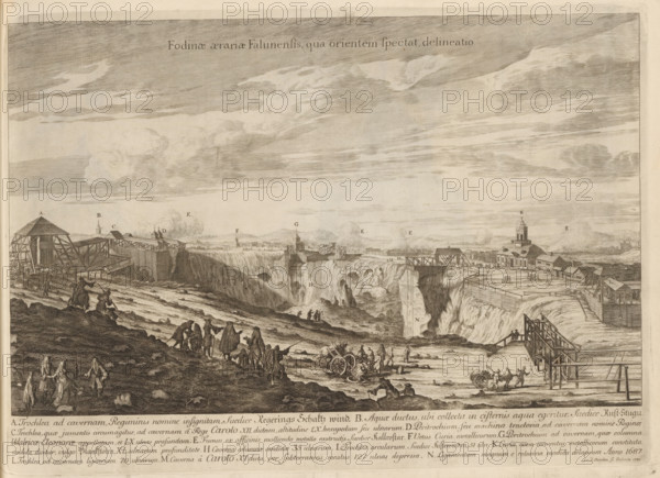 Fodinae aerariae Falunensis, qua orientem spectat, delineatio, View of the copper mine near Falun, Suecia Antiqua et Hodierna, print, album page, printmaker: Johannes Jacobsz van den Aveele, Stockholm, supervision: Erik Jönssen Dahlberg, 1701, paper, etching, height 260 mm x width 368 mm, mine, Falun, A detailed engraved landscape showing a wide river or gorge with steep rocky cliffs and cascading water, a wooden bridge and timber structures spanning the chasm, multiple small buildings and a church with a tower on the far side, groups of people walking and standing along the rocky foreground and near the water, carts and horses on a path by the river, scaffolding and mechanical wooden frameworks near the water’s edge, distant hills and clustered buildings on the horizon, and a sky filled with layered clouds.