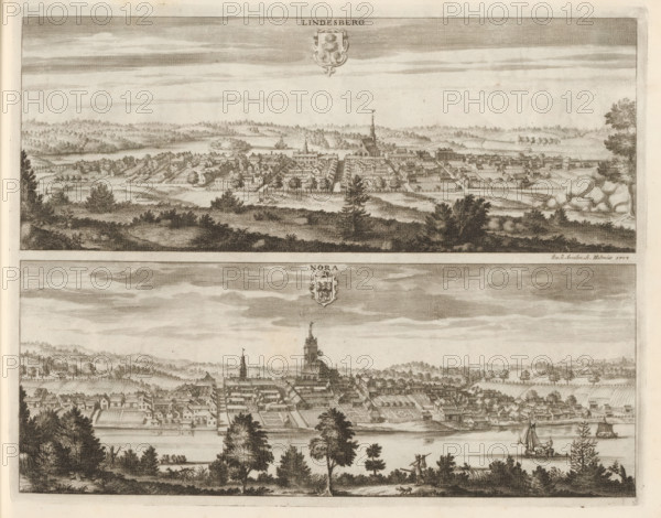 View of Lindesberg and Nora, Lindesberg, Nora, Suecia Antiqua et Hodierna, print, album page, printmaker: Johannes Jacobsz van den Aveele, Stockholm, supervision: Erik Jönssen Dahlberg, 1705, paper, etching, height 272 mm x width 348 mm, city-view in general, 'veduta', A horizontal engraving showing two panoramic town views stacked vertically separated by a blank band, each town depicted with rows of buildings, churches with tall spires, clustered houses, gardens, and surrounding trees and fields; the upper view has a foreground of shrubs and uneven terrain leading to a densely arranged town with a prominent church spire and distant wooded hills, while the lower view shows a riverside scene with boats on the water, a shoreline with trees and figures, a detailed town behind the river with streets and gardens, and rolling hills in the background.