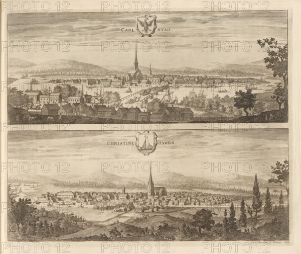Carlstad, Christinehambn, View of Karlstad and Kristinehamn, Suecia Antiqua et Hodierna, print, album page, printmaker: Johannes Jacobsz van den Aveele, Stockholm, supervision: Erik Jönssen Dahlberg, 1699, paper, etching, height 272 mm x width 335 mm, city-view in general, 'veduta', Karlstad, Kristinehamn, A wide panoramic engraving shows two horizontal cityscapes separated by a blank band, each depicting a waterfront town with clustered buildings and prominent church steeples rising above rows of houses, surrounded by distant rolling hills and tree lines; the upper scene includes a long bridge crossing a body of water with ships and boats moored and sailing nearby, timber buildings and leafy trees in the foreground, and a coat of arms above the town, while the lower scene shows a dense arrangement of rooftops along the shore, small vessels in the water, wooded foreground hills with people and animals, and tall slender trees framing parts of the view.