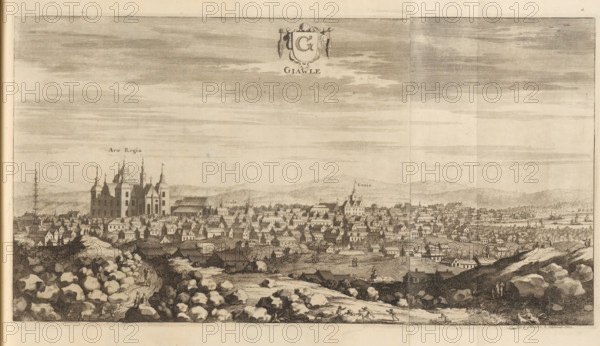 View of the city of Gävle, Giawle, Suecia Antiqua et Hodierna, print, album page, printmaker: Johannes Jacobsz van den Aveele, Stockholm, supervision: Erik Jönssen Dahlberg, 1700, paper, etching, etching in two parts, folded, height 222 mm x width 416 mm, city-view in general, 'veduta', Gävle, A wide monochrome engraving shows a cityscape seen from a rocky foreground with scattered boulders and small paths where tiny figures walk and ride; the middle ground is filled with densely packed buildings of varying rooflines, towers, and steeples, including a prominent large multi-towered cathedral-like structure and several larger roofed halls, with smaller houses stretching toward the shoreline at the right where ships and boats are visible on the water; the distant background contains low rolling hills beneath a sky rendered with horizontal hatch shading, and ornamental cartouche artwork appears near the top center.
