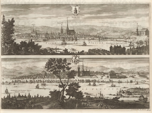 View of Torneå and Umeå, Torne, Uhma, Suecia Antiqua et Hodierna, print, album page, printmaker: Johannes Jacobsz van den Aveele, Stockholm, supervision: Erik Jönssen Dahlberg, 1701, paper, etching, height 271 mm x width 385 mm, city-view in general, 'veduta', Sápmi, Umeå, Torneå, A wide engraved view showing two horizontal cityscapes stacked vertically, each with a river in front of rows of tightly packed buildings and churches with tall steeples, numerous sailing ships and small boats on the water, and hills in the background. Large trees and foliage appear in the foreground between the two scenes, partially obscuring parts of the lower cityscape. Small figures of people and horses appear on land near the water, and several clustered buildings with domes or towers are visible near the riverbanks. Decorative cartouches with heraldic shields are positioned near the top center and between the two scenes. The engraving is monochrome with finely hatched shading and detailed line work thro...