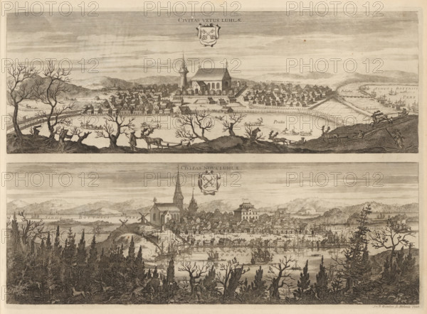 Civitas vetus Luhlae, Civitas nova Luhlae, View of Luleå, the old and new town, Suecia Antiqua et Hodierna, print, album page, printmaker: Johannes Jacobsz van den Aveele, Stockholm, supervision: Erik Jönssen Dahlberg, 1700, paper, etching, height 267 mm x width 376 mm, city-view in general, 'veduta', Lulea, A wide, detailed engraved view of two panoramic town scenes stacked vertically, each showing clusters of small buildings, larger church-like structures with steeples, and surrounding landscape; the upper scene features a row of bare trees in the foreground, open fields, boats on a body of water, a fortified town with many rooftops and a prominent large building, and distant rolling hills under a lined sky; the lower scene shows denser tree cover in the foreground, a harbor with multiple sailing ships and smaller boats, rows of tightly packed houses climbing a slope toward several churches and larger civic buildings, rocky outcrops and windmills near the shoreline, and a patterned s...