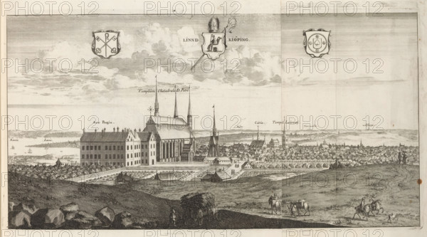 View of the city Linköping, Linndkiöping, Suecia Antiqua et Hodierna, print, album page, printmaker: Willem Swidde, supervision: Erik Jönssen Dahlberg, 1697, paper, etching, height 220 mm x width 418 mm, city-view in general, 'veduta', Linköping, A wide horizontal engraving shows an elevated view of a town with a large ornate building and cathedral with multiple tall spires near the center, surrounded by rows of smaller buildings and trees extending into the distance; in the foreground a sloping grassy hill with scattered rocks occupies the bottom edge, where small groups of people and riders on horses are visible, along with a horse-drawn cart and a figure standing beside it; terraces, gardens, and walls lie between the hill and the main buildings, and the sky above contains layered clouds and three decorative heraldic shields positioned across the upper area.