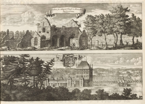 Rudera sive reliquiae Templi et Monasterij Alfvastrae, Brååborg, View of Alvastra Monastery and Bråborg estate, Suecia Antiqua et Hodierna, print, album page, printmaker: Willem Swidde, supervision: Erik Jönssen Dahlberg, 1697, paper, etching, height 262 mm x width 393 mm, housing, Norrköping, Alvastra Monastery, Estate Bråborg, An engraved scene showing two horizontal vignettes stacked one above the other, the upper vignette depicting stone ruins with arched doorways and broken walls set beside a row of tall leafy trees, a few small human figures walking and standing near the ruins, and a ribbon-like banner floating in the sky above; the lower vignette showing a large multi-story stone building with towers and chimneys set by formal gardens and a small domed pavilion, framed by tall evergreen trees in the foreground and rolling hills and clouds in the distance.