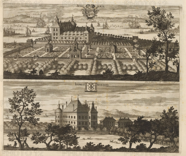 Schenaes, Kongs Norrby, View of Skenäs Castle and Kungs Norrby Castle, Suecia Antiqua et Hodierna, print, album page, printmaker: Johannes Jacobsz van den Aveele, Stockholm, supervision: Erik Jönssen Dahlberg, 1706, paper, etching, height 279 mm x width 335 mm, housing, Norrköping, Motala, Slot Kungs Norrby, Slot Skenäs, A wide engraved scene showing two horizontal views stacked vertically, each depicting a large multi-story stone building with steep roofs and decorative towers set beside a body of water; the upper view includes a formal enclosed garden with symmetrical patterned beds, small pavilion structures, rows of trees, and a distant shoreline with sailing ships, while the lower view shows a similar large building partially obscured by tall leafy trees in the foreground, a fenced area, people walking near the shore, and boats on the water; both views include detailed foliage, figures, and architectural ornamentation rendered in fine line work.