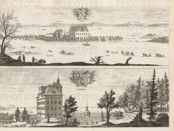 Tuuna, Stiärnorp, View of the Tuna estate and Stjärnorp castle, Suecia Antiqua et Hodierna, print, album page, printmaker: Willem Swidde, Stockholm, supervision: Erik Jönssen Dahlberg, 1697, paper, etching, height 266 mm x width 385 mm, housing, Linköping, Landgoed Tuna, Slot Stjärnorp, A wide, detailed black and white engraving showing two horizontal scenes separated by a blank band, with the upper scene depicting a waterfront view of a large multi-story building with stepped gables and a fenced tree-lined perimeter, smaller houses nearby, a calm expanse of water beyond with tiny boats and figures traveling across it, low distant shorelines, and people and animals on the foreground ice including figures walking and horse-drawn sleighs; the lower scene shows a tall rectangular building with many windows beside a formal garden with a small pavilion and pathways, groups of trees framing the right side, people walking near the buildings, a decorative coat of arms centered between the two ...
