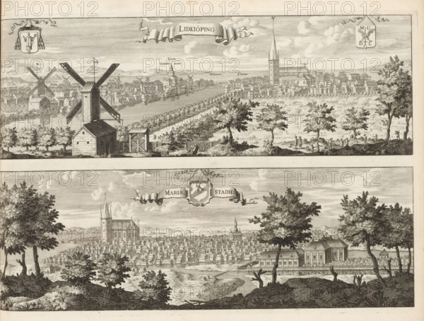 Lidkiöping, Mariaestadh, View of the towns of Lidköping and Mariestad, Suecia Antiqua et Hodierna, print, album page, printmaker: Willem Swidde, supervision: Erik Jönssen Dahlberg, 1697, paper, etching, height 272 mm x width 395 mm, city-view in general, 'veduta', Mariestad, Lidköping, A wide engraving showing two horizontal cityscapes stacked vertically, each framed by trees and open land in the foreground; the upper scene features a riverside town with clustered buildings, a tall church tower, a large windmill with visible sails and wooden structures near the riverbank, rows of trees along a pathway, scattered small figures walking and standing, and two decorative shields in the sky area, while the lower scene presents a dense town of closely packed houses, a prominent church with a tall tower rising above the rooftops, a waterfront area with a fenced compound and classical-style buildings, winding water channels leading into the town, and foreground trees and rocky ground with veget...