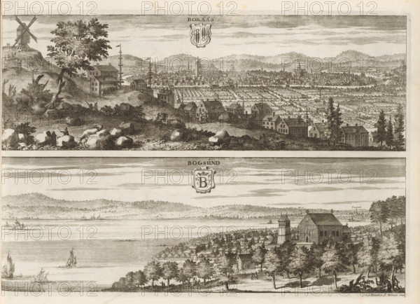 View of the towns of Borås and Ulricehamn, Boråås, Bogsund, Suecia Antiqua et Hodierna, print, album page, printmaker: Johannes Jacobsz van den Aveele, Stockholm, supervision: Erik Jönssen Dahlberg, 1703, paper, etching, height 260 mm x width 381 mm, city-view in general, 'veduta', Ulricehamn, Borås, A wide horizontal engraving divided into two main landscape panels showing coastal town views from an elevated vantage; the upper panel depicts a hillside foreground with scattered rocks, trees, grazing sheep, a windmill on a hill, and small figures, then a midground of clustered houses, masts of ships rising near waterfront buildings, and a densely built town with church towers and rows of gardens extending toward rolling hills in the distance; the lower panel shows a broad body of water with sailing vessels, a distant wooded shoreline, and a foreground promontory with a large church-like building, a tall tower, rows of compact houses, tree-lined paths, and small human figures among the t...