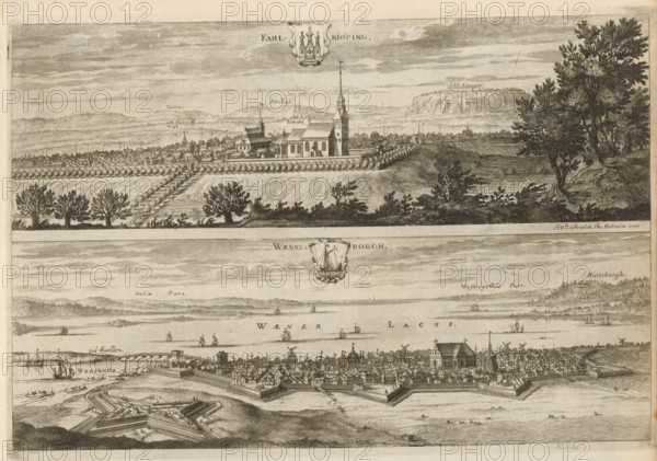 Fahlkiöping, Waenersborgh, View of the towns of Falköping and Vänersborg, Suecia Antiqua et Hodierna, print, album page, printmaker: Johannes Jacobsz van den Aveele, Stockholm, supervision: Erik Jönssen Dahlberg, 1701, paper, etching, height 260 mm x width 382 mm, city-view in general, 'veduta', Winnersburg, Falköping, A wide engraved scene divided into horizontal bands showing a fortified town and surrounding landscape, with the upper band featuring a distant walled settlement dominated by a large church with a tall spire and adjacent buildings, rows of trees and planted avenues in front, and clusters of trees framing the right edge; the middle band depicting an expanse of water with small sailing vessels and low shoreline silhouettes, with a decorative cartouche above the water; the lower band presenting a detailed waterfront town protected by bastioned fortifications, packed buildings and churches, docks with ships and boats, and foreground earthwork defenses, all rendered in fine l...