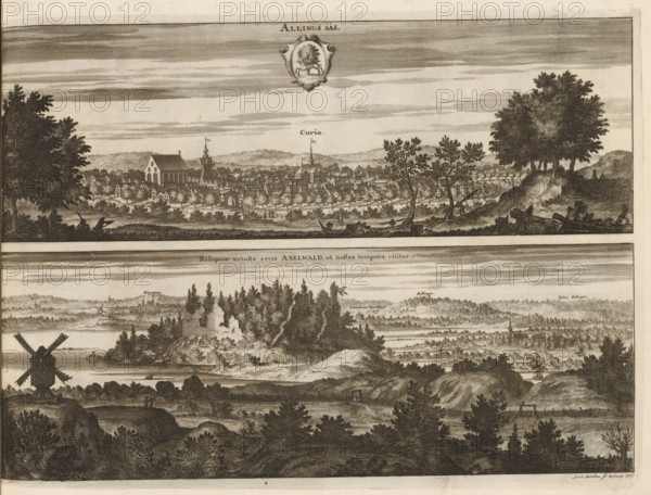 Allingsåås, Reliquiæ vetustæ arcis Axelwald, ut nostra tempora visitur, View of the town of Alingsås and the ruins of the castle, Suecia Antiqua et Hodierna, print, album page, printmaker: Johannes Jacobsz van den Aveele, Stockholm, supervision: Erik Jönssen Dahlberg, 1707, paper, etching, height 274 mm x width 380 mm, city-view in general, 'veduta', landscape with ruins, Alingsås, A wide engraved landscape showing two horizontal bands separated by a blank strip, the upper band depicting a town seen from a distance with rows of small pitched-roof houses, a larger church-like building and a tower rising above the rooftops, trees framing the town at both left and right edges, a cluster of taller trees on a small hill at the right foreground and scattered trees and low vegetation along the nearer ground, a cloudy sky rendered with horizontal lines above. The lower band shows a varied rural scene with a windmill on a hill at the left, a body of water with small boats, an island or rocky pr...