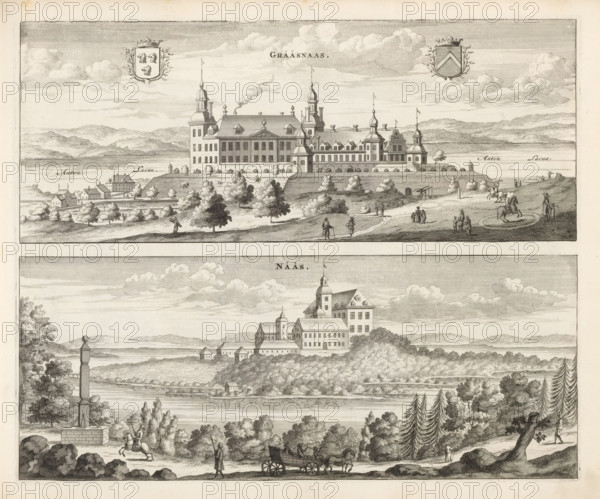 Grääsnääs, Nääs, View of Gräfsnäs Castle and Nääs Castle, Suecia Antiqua et Hodierna, print, album page, printmaker: Willem Swidde, supervision: Erik Jönssen Dahlberg, 1697, paper, etching, height 281 mm x width 342 mm, housing, Alingsås, Slot Gräfsnäs, Nääs Castle, A wide engraved scene showing two horizontal views stacked vertically, each depicting a large multi-towered mansion or castle on raised ground by a body of water, with surrounding outbuildings, trees, and distant hills under a sky with clouds; the upper view features a formal building with multiple domed turrets, a fortified embankment, a small village at the waterline, scattered trees on grassy slopes, small groups of people walking and standing, a few figures on horseback in a flat area, and coats of arms above the building; the lower view shows a similar manor on a wooded hill above a wide river, shoreline buildings and boats on the water, dense clusters of trees in the foreground, a tall columnar monument on a block bas...
