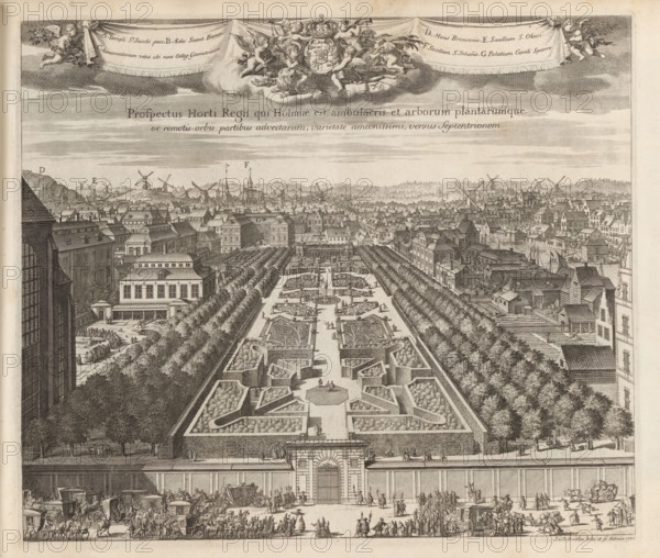 Prospectus amœnissimi Horti Regii qui Holmiae est, versus meridiem, View of the Kungsträdgården in Stockholm, from the south, Suecia Antiqua et Hodierna, print, album page, View of the Kungsträdgården or King's Garden in Stockholm., printmaker: Johannes Jacobsz van den Aveele, Stockholm, after drawing by Johannes Jacobsz van den Aveele, supervision: Erik Jönssen Dahlberg, 1700, Johannes Jacobsz van den Aveele, Erik Jönssen Dahlberg, printmaker, after drawing by, supervision, paper, etching, height 286 mm x width 335 mm, garden, Kungsträdgården, A wide engraved view shows a formal garden with symmetrical parterres, hedged pathways, ornamental beds, fountains, and groups of small human figures; the garden is flanked by rows of trees and enclosed by walls with a large ornate gateway at the center front. Behind the garden a dense cityscape of tightly packed buildings, rooftops, steeples, and windmills extends toward the horizon, with boats and waterfront structures visible to the right. Th...