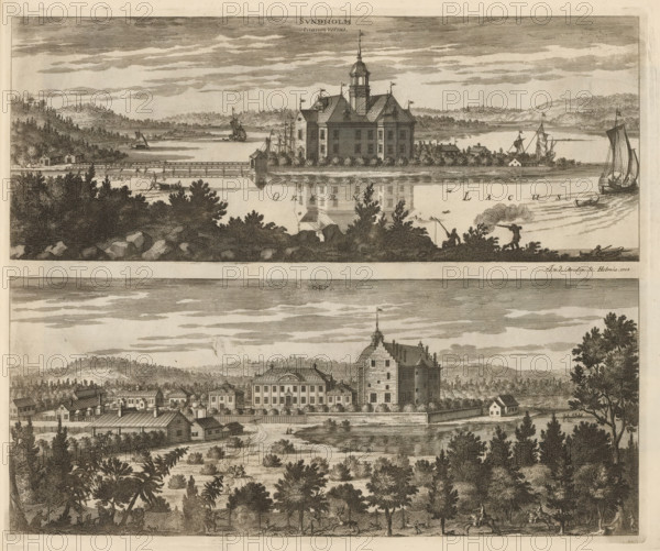 Sundholm occasum versus, Torpa, View of Sundholm Castle and Torpa Castle, Suecia Antiqua et Hodierna, print, album page, printmaker: Johannes Jacobsz van den Aveele, Stockholm, supervision: Erik Jönssen Dahlberg, 1705, paper, etching, height 279 mm x width 337 mm, housing, Borås, Slot Sundholm, Slot Torpa, Langhem, A detailed engraved scene shows two horizontal panels stacked vertically, each depicting a waterfront with buildings and landscape. In the upper panel a large fortified house with a central tower and steep roofs sits on a narrow strip of land jutting into calm water, surrounded by trees and a low fence, with small boats and sailing ships in the water nearby and a distant tree-covered shoreline under a banded sky; the foreground across the water shows rocky shore, dense shrubbery, figures fishing from the bank, a person carrying a bundle, and a small rowboat with a seated figure. The lower panel presents a larger estate complex with a prominent multi-story building and an adj...