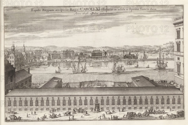 Equile Regium auspicio Regis Caroli XI, built on Helgeandsholmen in Stockholm. Behind it ships on the water., printmaker: Johannes Jacobsz van den Aveele, Stockholm, supervision: Erik Jönssen Dahlberg, 1698, paper, etching, height 227 mm x width 355 mm, ships (in general), stall, stable, Helgeandsholmen, A wide engraved view shows a large ornate building with a long facade of arched windows in the foreground and a busy street in front with carriages, riders, and pedestrians. Behind the building a fenced terrace with small groups of people and decorative elements faces a wide body of water where multiple sailing ships and smaller boats are afloat, some with raised sails and reflected in the water. Across the water a row of varied buildings, including structures with steep roofs and towers, lines the shore, and a windmill and several dockside buildings and masts are visible. Hills and scattered trees form the distant background beneath a sky with horizontal cloud bands. The image is rend...