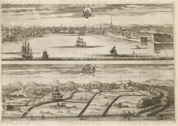 View of the cities of Västervik and Vimmerby, Westerwik, Wimmerby, Suecia Antiqua et Hodierna, print, album page, printmaker: Johannes Jacobsz van den Aveele, Stockholm, supervision: Erik Jönssen Dahlberg, 1707, paper, etching, etching in two parts, folded, height 259 mm x width 377 mm, city-view in general, 'veduta', Västervik, Vimmerby, A wide engraved scene divided into two horizontal views separated by a decorative emblem; the upper view shows a waterfront town with rows of small houses and steeples along a shoreline, ships with sails and masts sailing and anchored in the water, a large fortlike building on the right edge by the water, and distant hills under a banded sky. The lower view depicts a pastoral landscape with fenced fields, winding lanes, scattered farmhouses and a clustered village on a low ridge, figures walking and working, grazing livestock, a cart drawn by animals on a road in the foreground, and a backdrop of rolling hills and trees beneath a sky with horizontal c...