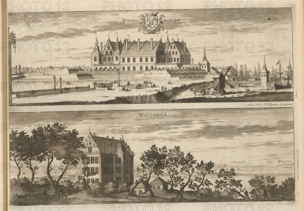 Wisingsborgh, Wästanåå, View of Visingsborg Castle and Västanå Castle, Suecia Antiqua et Hodierna, print, album page, printmaker: Johannes Jacobsz van den Aveele, Stockholm, supervision: Erik Jönssen Dahlberg, 1708, paper, etching, height 263 mm x width 382 mm, city-view in general, 'veduta', Slot Västanå (Småland), Visingsö, Fishing bail, An engraving showing two horizontal scenes stacked one above the other, the upper scene depicting a large multi-gabled stone building with steep tiled roofs and chimneys set behind stepped earthworks and fortifications along a waterfront, small human figures walking on pathways, a wooden windmill with sails near the shore, several masted ships docked at piers with towers and flags, and a decorative coat of arms in the sky above; the lower scene showing a tall ornate mansion with patterned roof and dormer windows partially obscured by leafy trees in the foreground, a smaller house nearby, more scattered trees and vegetation across a gently sloping lan...