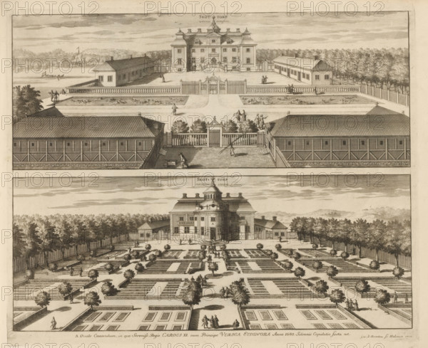 View of Skottorp Castle, from the east and south, Skottorp versus Occasum, Skottorp meridiem versus, Suecia Antiqua et Hodierna, print, album page, printmaker: Johannes Jacobsz van den Aveele, Stockholm, supervision: Erik Jönssen Dahlberg, 1710, paper, etching, height 285 mm x width 349 mm, city-view in general, 'veduta', Slot Skottorp, A sepia-toned engraving showing two views of a formal estate with a central mansion, flanked by symmetrical outbuildings, fenced courtyards, terraces, and landscaped gardens; the upper portion depicts a raised rectangular terrace with a gated entrance, balustrades, long narrow water features, rows of trees in the background and small human figures walking or standing, with a body of water and sailing boats beyond; the middle section shows a grand gated entry with pathways, garden beds, clipped trees, and people near the gate and on the paths; the lower portion presents a detailed parterre with geometric beds, aligned paths, trimmed trees, scattered figu...