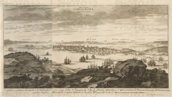 View of the city of Karlskrona, from the north, Urbs et Portus Carlscrona septentrionem versus, Suecia Antiqua et Hodierna, print, album page, printmaker: Johannes Jacobsz van den Aveele, Stockholm, supervision: Erik Jönssen Dahlberg, 1709, paper, etching, etching in two parts, folded, height 231 mm x width 415 mm, city-view in general, 'veduta', Karlskrona, A wide engraved coastal panorama shows a shoreline with rocky foreground terrain and scattered vegetation, including small trees and bushes, and a few figures among the rocks. Beyond the foreground there is a calm body of water populated by numerous sailing ships of various sizes, some anchored and some under sail, with smaller boats near the shore. Across the water a built-up town with tightly clustered buildings and a few taller structures stretches along the coast, backed by low wooded areas and distant islands. The sky above is filled with layered clouds rendered in fine horizontal shading.