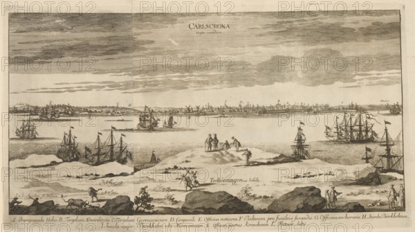 Carlscrona versus meridiem, View of the city of Karlskrona from the south, Suecia Antiqua et Hodierna, print, album page, printmaker: Johannes Jacobsz van den Aveele, Stockholm, supervision: Erik Jönssen Dahlberg, 1709, paper, etching, etching in two parts, folded, height 229 mm x width 415 mm, city-view in general, 'veduta', Karlskrona, A wide seascape engraving showing a shoreline foreground with rocky outcrops and sparse vegetation, figures walking and standing on sandy rises, and a person leading an animal. In the middle distance several sailing ships and smaller boats float on calm water, some with furled sails and visible rigging and flags. The far shore features a low townscape with clustered buildings, windmills, and a continuous line of structures along the horizon. Above, a broad sky is rendered with horizontal shading and scattered cloud forms. The image is monochrome with detailed line work throughout.