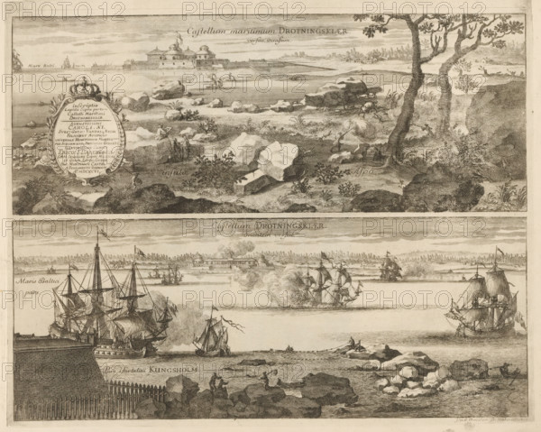 Castellum maritimum Drottningskiaer versus occasum, Castellum Drottningskiaer orientem versus, View of Drottningskär Castle, from the west and east, Suecia Antiqua et Hodierna, print, album page, printmaker: Johannes Jacobsz van den Aveele, Stockholm, supervision: Erik Jönssen Dahlberg, 1710, paper, etching, height 289 mm x width 355 mm, castle, Drottningskär Castle, A detailed engraved scene showing a coastal landscape with rocky shorelines and scattered vegetation in the foreground, including grasses, shrubs, and a few twisted trees on the right; large rocks and boulders dot the shoreline and there are small human figures among the rocks, some standing and some seated; a decorative framed cartouche topped with a crown is positioned on the left among the rocks; beyond the shore a body of water stretches across the image with several sailing ships and smaller boats on the water, some with billowing sails and others emitting plumes of smoke; in the distant midground a fortified structur...