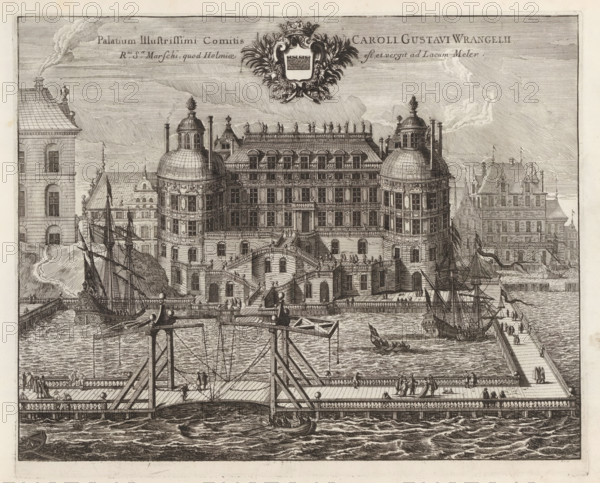 Palatium Illustrissimi Comitis Caroli Gustavi Wrangelii R:ni S:æ Marschi, quod Holmiae est, et vergit ad Lacum Meler, Palace of Carl Gustaf Wrangel from Lake Mälaren, Suecia Antiqua et Hodierna, print, album page, printmaker: Jean Lepautre, supervision: Erik Jönssen Dahlberg, 1670 - 1674, paper, etching, height 277 mm x width 341 mm, Stockholm, Södermalm, Riddarholmen, Lake Mälaren, Palace of Carl Gustaf Wrangel, A detailed ink engraving of an ornate waterfront palace complex seen from across the water, featuring a central multi-story building flanked by two large domed towers with decorative finials, symmetrically arranged windows, balconies, and external staircases; quays and piers extend into the water with ships moored alongside, tall masts and rigging visible, and small rowboats and gondola-like craft in the choppy water; decorative balustrades and walkways along the waterfront are populated by many small human figures in period clothing, some standing and some walking; architectu...