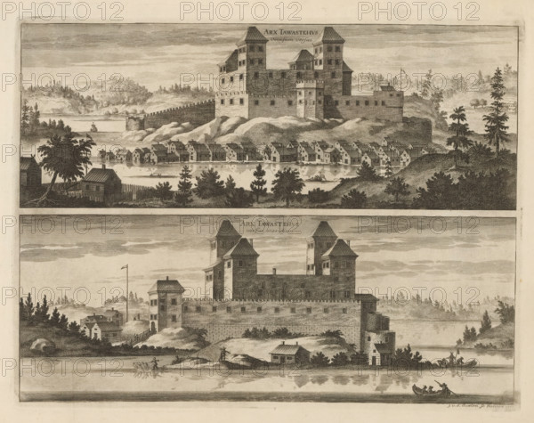 Arx Tawastehus Occasum versus, Arx Tawastehus versus meridiem, View of Tavastehus Castle, from the west and south, Suecia Antiqua et Hodierna, print, album page, printmaker: Johannes Jacobsz van den Aveele, Stockholm, supervision: Erik Jönssen Dahlberg, 1710, paper, etching, height 267 mm x width 345 mm, castle, Slot Tavastehus, A wide engraving showing two horizontal views of a stone fortress on rocky ground with towers and crenellated walls, wooden houses clustered along a shoreline, small boats on calm water, trees and rolling hills in the background, and scattered figures near the water and buildings.