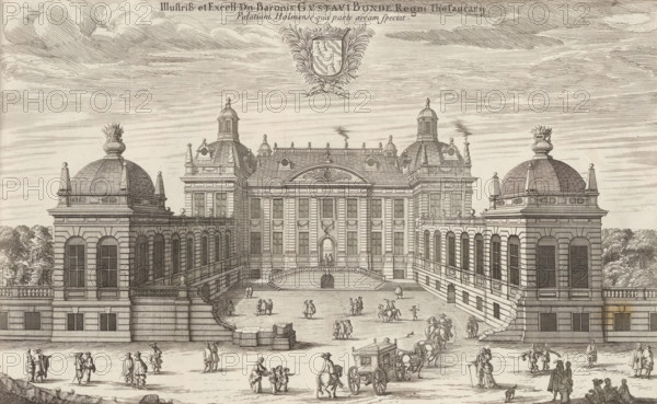 Palace of Gustaf Bonde in Stockholm, Illustriss: et Excell: Dn. Baronis Gustavi Bonde Regni Thesaurarij Palatium Holmense qua parte aream spectat, Suecia Antiqua et Hodierna, print, album page, printmaker: Jean Marot (I), supervision: Erik Jönssen Dahlberg, 1668, paper, etching, height 246 mm x width 375 mm, palace, Stockholm, Södermalm, Gamla stan, Palace of Gustaf Bonde, A detailed engraving of a grand palace courtyard viewed from the front, featuring a central building with a high façade, ornate pediment, and flanked by symmetrical wings with domed pavilions topped by decorative urns. The architecture shows rows of tall windows, pilasters, balustrades, and statues along the roofline, with a central arched doorway reached by a short flight of steps. The courtyard contains groups of people in period clothing engaged in walking, talking, and socializing, along with a horse-drawn coach and mounted riders. Trees are visible behind the side wings, and the sky above is filled with horizont...