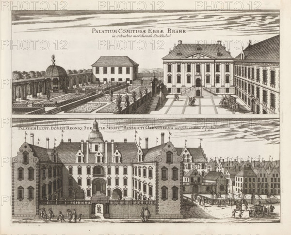 View of the palaces of Ebba Brahe and Bengt Oxenstierna, Palatium Comitissae Ebbae Brahe in Suburbio meridionali Stockholm, Palatium Illust: Domini Regniq: Sueciae Senatoris Benedicti Oxenstierna in Insula Ordinis Equestris, Suecia Antiqua et Hodierna, print, album page, printmaker: Jean Marot (I), supervision: Erik Jönssen Dahlberg, 1670, paper, etching, height 276 mm x width 346 mm, palace, Stockholm, Södermalm, Riddarholmen, Hessenstein Palace, Ebba Brahe Palace, The image shows a detailed black and white architectural engraving of an urban scene with multiple connected buildings featuring ornate facades, steeply pitched and tiled roofs, decorative gables, and rows of windows with shutters. A central courtyard area with a patterned paved surface is visible, bordered by stone steps and balustrades, and populated by small groups of people in period dress. To the left of the courtyard there is a formal garden with geometric planting beds, decorative urns, clipped trees, and a domed pav...