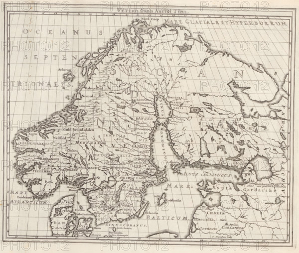 Veteris Orbis Arctoi Typus, Map of the Scandinavian Countries in Ancient Times, Suecia Antiqua et Hodierna, print, album page, folder, printmaker: Gerrit Drogenham, supervision: Erik Jönssen Dahlberg, 1695, paper, engraving, height 272 mm x width 334 mm, maps, atlases, Scandinavia, An antique-style engraved map showing a coastal and inland landscape with detailed shorelines, islands, peninsulas, rivers and lakes, a grid of parallel latitude and longitude lines, numerous small topographic symbols for mountains and hills, shaded coastal contours, and many clustered place labels rendered in small script; the map has a plain border with surrounding ruled lines and age spots and foxing on the paper, and the engraving exhibits fine linework and stippled shading throughout.