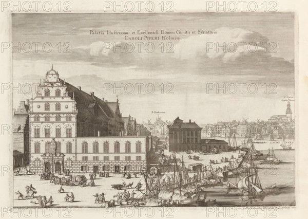 Palace of Carl Pipers in Stockholm, Palatia Illustrissimi et Excellentiss: Domini Comitis et Senatoris Caroli Piperi Holmiae, Suecia Antiqua et Hodierna, print, album page, printmaker: Johannes Jacobsz van den Aveele, Stockholm, supervision: Erik Jönssen Dahlberg, 1702, paper, etching, height 233 mm x width 332 mm, palace, Södermalm, Gamla stan, Palace of Carl Pipers, A detailed sepia engraving showing a waterfront scene with a large ornate multi-story building on the left featuring a decorated facade, many windows, and an ornate entrance, adjacent to a darker roofed structure that extends back along the quay; a busy harbor in front with many masted ships and small boats moored or sailing, and sailors and dockworkers on the piers; a square or open area with horse-drawn carriages, people walking and gathered in small groups, and assorted carts and goods; a prominent rectangular building near the water with a pitched roof and a row of columns along its side; across the water a dense clus...