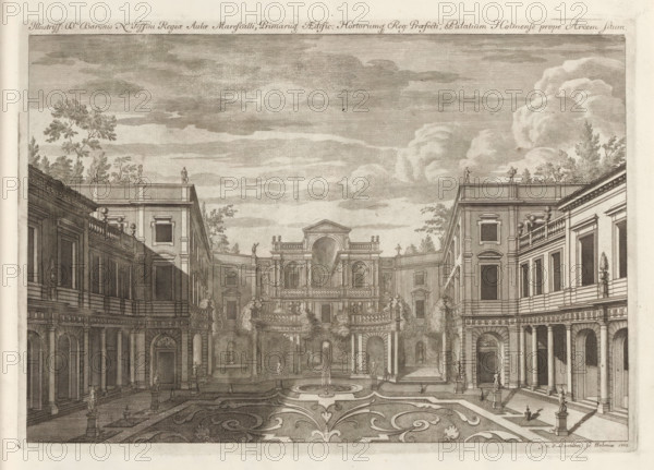 Courtyard and palace of Nicodemus Tessin the younger, looking south, Illustriss: D:ni Baronis N. Tessini Regiae Aulæ Marescalli Primariiq: Aedific: Hortorumq: Reg: Praefecti, Palatium Holmense prope Arcem situm, Suecia Antiqua et Hodierna, print, album page, printmaker: Johannes Jacobsz van den Aveele, Stockholm, supervision: Erik Jönssen Dahlberg, 1702, paper, etching, height 234 mm x width 335 mm, palace, Södermalm, Gamla stan, Palace of Nicodemus Ticino, A detailed engraved view of a formal courtyard flanked by symmetrical multi-story buildings with colonnades, balustrades, and arched openings, featuring ornate façades, pilasters, and window frames; a central terrace rises toward an elaborate pavilion with decorative statues and niches, while a patterned paved foreground surrounds a round fountain with a vertical water jet; statues on pedestals and figures populate the courtyard and rooflines, and trees and cloud-filled sky are visible above the buildings.
