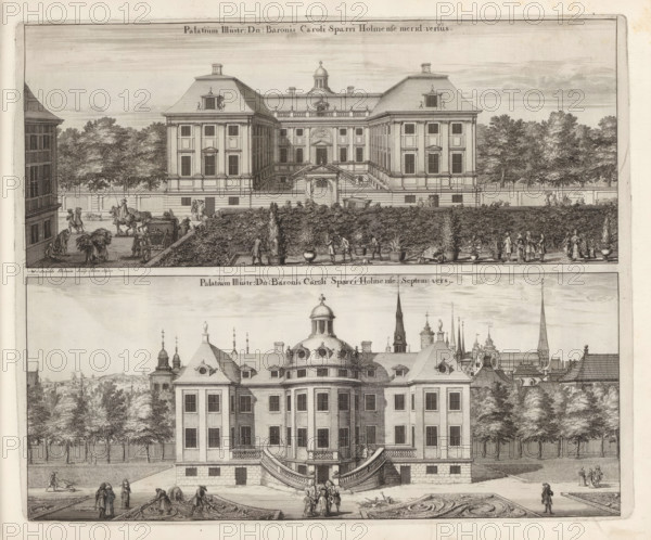 Palatium Illustr. D:n Baronis Caroli Sparri Holmense merid versus, Septem: versus, Palace of Carl Larsson Sparre, from the south and the north, Suecia Antiqua et Hodierna, print, album page, printmaker: Willem Swidde, supervision: Erik Jönssen Dahlberg, 1692, paper, etching, height 284 mm x width 344 mm, palace, Stockholm, Södermalm, Riddarholmen, A detailed engraved image of a grand baroque building seen from the front, showing a symmetrical facade with tall windows, mansard roofs with dormer windows, and a central dome; broad staircases curve down from a raised entrance to a paved forecourt with ornate parterre gardens and manicured hedges; groups of people in period clothing are scattered across the scene, some walking, others conversing, and a few handling carts or tending the gardens; trees and a high wall form a backdrop behind the building, and additional architectural elements and rooftops are visible beyond the treeline.