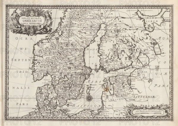 Map of the Scandinavian countries in the modern era, Nova Et Accurata Orbis Arctoi Tabula Geographica, Suecia Antiqua et Hodierna, print, album page, folder, printmaker: de Reuter, supervision: Erik Jönssen Dahlberg, 1696, paper, engraving, height 261 mm x width 382 mm, maps, atlases, Scandinavia, An ornate antique map printed in black ink on aged paper showing a coastal region with islands, peninsulas, rivers, and mountain symbols, framed by a decorative border; heraldic shields and small cartouches appear scattered across the land areas, along with a detailed compass rose in the sea and radiating navigation lines; an elaborate title cartouche with figures and floral ornamentation occupies the upper left, and another decorative cartouche sits near the lower right; coastlines are finely drawn with numerous place markers and stylized topographical hatching, and the overall image has a sepia tone from the aged paper.